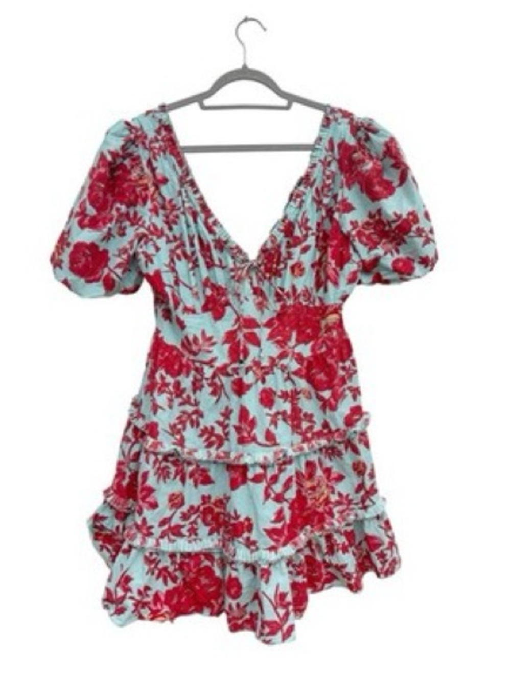 Caroline Constas Blue/Red Floral Tiered Mini Dress with Pockets